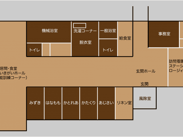 施設の見取り図 内観 施設全体の見取り図です。各部屋の配置や設備が一目でわかり、働く環境を具体的にイメージできます。