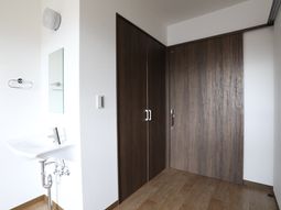 清潔な洗面台と木目調の扉