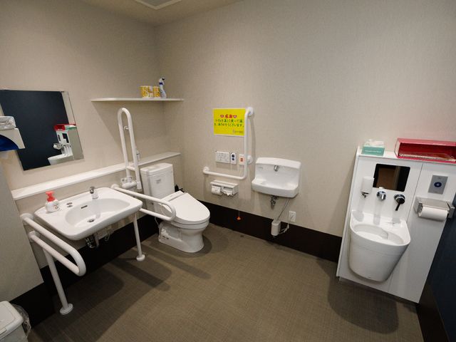 清潔なバリアフリー洗面トイレ トイレ 手すりが完備された清潔感あふれるトイレスペースです。利用者が安心して日常生活を送ることができる環境が整っています。