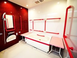 快適な赤い手すりの浴室