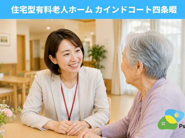 スタッフと入居者の会話 リビング 自然な光を取り入れた明るいリビングで、入居者がスタッフと温かく会話を楽しんでいます。