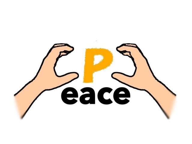 手話で平和のモチーフ 掲示物 手話を取り入れた平和のメッセージが掲示されています。コミュニケーションの多様性を感じられます。