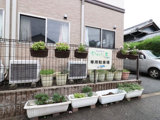 花と緑が彩る建物前