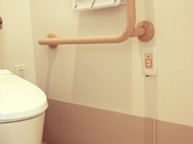 手すり付き安全設計トイレ トイレ 安全かつ使いやすいトイレで、手すりが設置されています。利用者の自立支援と安心を大切にした設計になっております。
