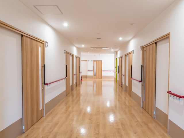 明るい廊下の風景 廊下 広々とした廊下は明るく、手すりも設置されており、歩行に安心感を与える造りになっています。