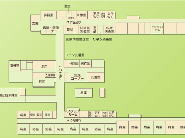 施設内の間取り図 内観 施設全体の配置が一目でわかり、各部屋や設備の位置を確認しやすくなっています。
