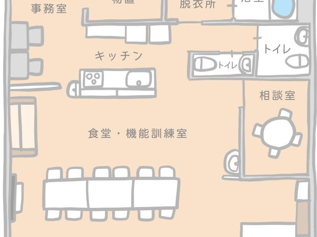 設備が充実した施設内観 内観 広い食堂と機能訓練室があり、多目的な使用が可能です。リラックスできる空間が整っています。