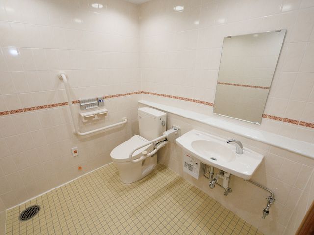 バリアフリーのトイレ設備 トイレ 手すり付きで広々としたトイレ空間です。安全かつ快適にご利用いただけるよう、配慮が施されています。