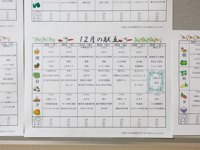献立表掲示 展示物 彩り豊かな食事献立表が掲示されており、日々のバランスの取れた食事内容の提供に心がけています。