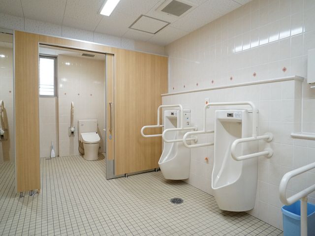 バリアフリー設計のトイレ トイレ 安全に配慮された手すり付きの清潔なトイレ空間です。スペースも広く、利用者の快適性が考えられています。