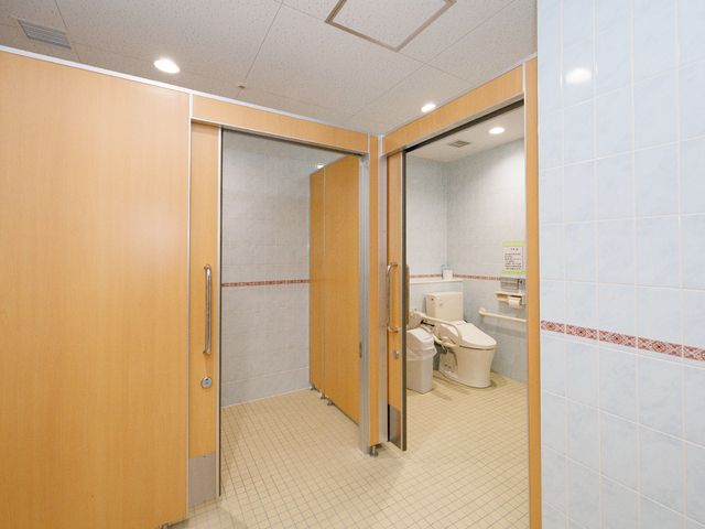 バリアフリー設計のトイレ 共用トイレ 手すり付きで安全性を考慮したトイレ空間です。ご高齢者の自立支援に配慮したレイアウトとなっています。