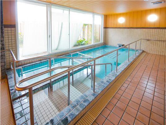 明るい浴室の手すり付きプール