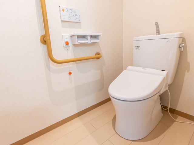 バリアフリートイレ トイレ 手すり付きで安全性を考慮した清潔なトイレです。利用者の快適な生活を支援する施設の一角です。