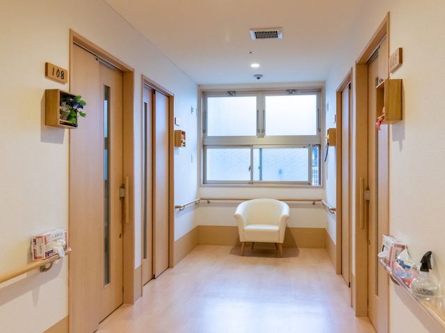 廊下の植木と椅子 通路 明るく清潔感のある廊下に、休憩できる白い椅子が設置されており、訪れる方々の落ち着いた時間を演出しています。