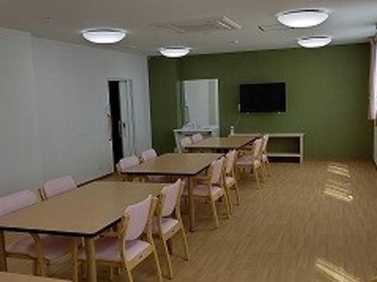 緑壁の明るい食堂