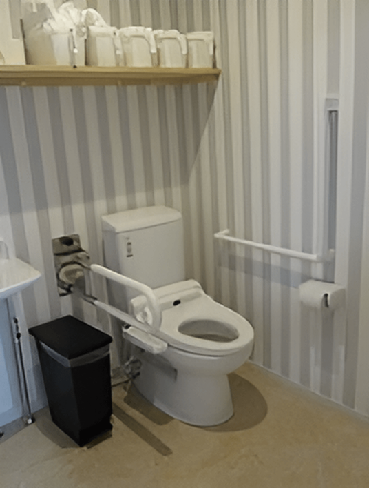 両サイドに手すりが付いたトイレは介助スペースも十分あり、トイレの上には棚も付いている。