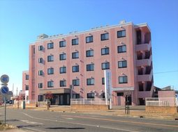 ピンクの壁の建物外観