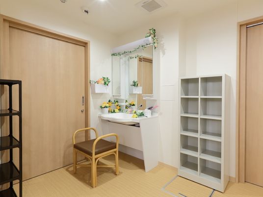 和やかな洗面台と収納棚