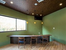 緑色壁のモダンなダイニング