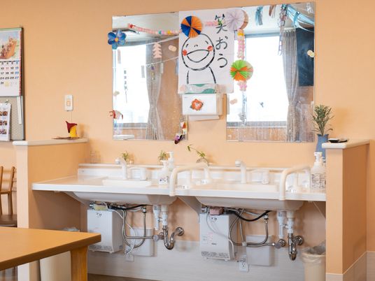 洗面台の手すり付き