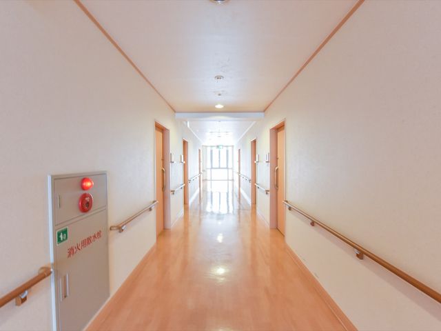明るい廊下の風景 通路 手すりが設置された安全な通路です。清潔感のある空間で、快適にお過ごしいただける環境を整えています。