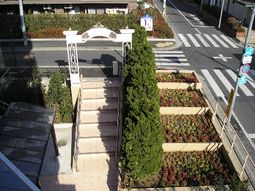 エントランスと花壇の景観