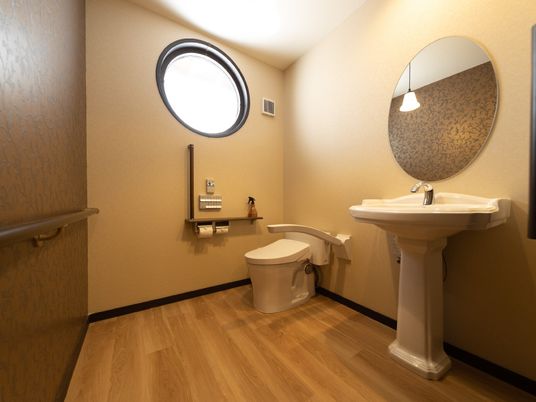 トイレの両サイドに手すりが付き、一つは可動式でもう一つはエル字型。トイレ内の壁にも手すりがあり、鏡付きの手洗い場も設置されている。