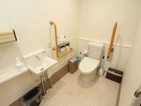 トイレは広々として清潔感があり、個室内には手摺や洗面台やウォシュレットが完備しており、快適に利用出来る。