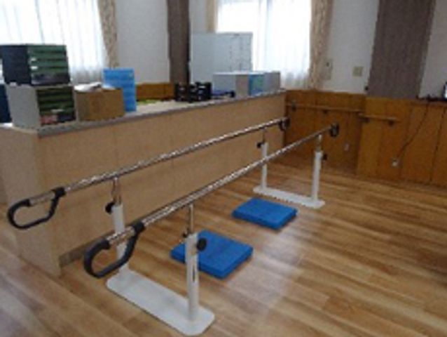 明るい床の部屋 機能訓練室 手すりとステップが配置されたシンプルな室内です。リハビリに適した機能が整っています。