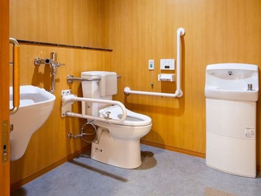 広い空間にはオストメイト対応のトイレ、手洗い場も一緒に設置されている。壁にはトイレ用の手すりが取り付けられている。