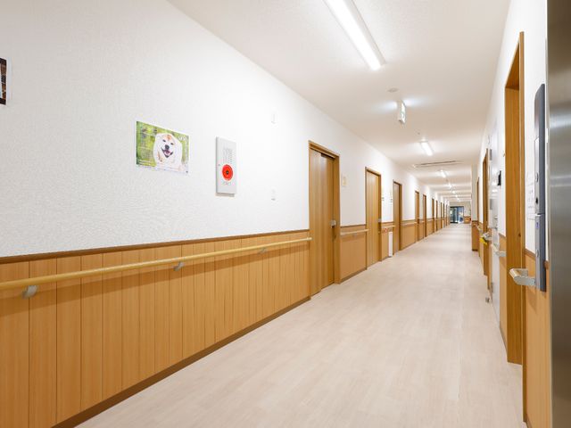 明るく広い施設の廊下 廊下 ゆったりとした廊下は清潔感に満ち、壁には明るい配色の掲示物が飾られています。安全を配慮した手すりも整備されており、快適な環境でお過ごしいただけます。