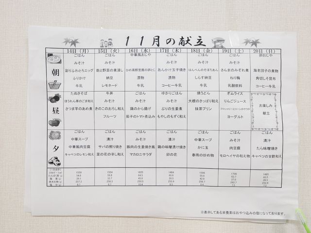 活動予定表の掲示物 献立表 活発な毎日を支える多彩なプログラムが並ぶ予定表をご確認いただけます。様々な活動が個々の健康維持を促し、充実した時間をお過ごしいただける環境です。
