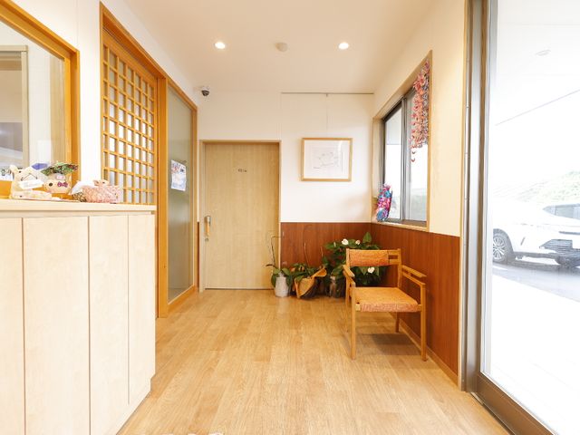 暖かみのあるエントランス 玄関 柔らかな光が差し込むアットホームな雰囲気のエントランスです。待合スペースには植物も飾られ、訪れる人々を優しく迎えています。