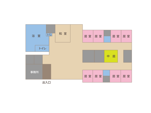 利用者が集う中庭 中庭 心地よい自然光が降り注ぐ緑豊かな中庭です。憩いの場としても最適です。