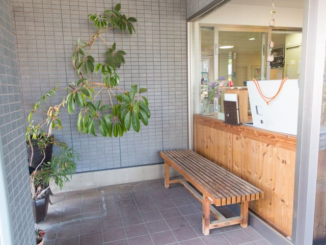 暖かみのあるエントランス ベンチ 木目調のフロントには観葉植物が飾られ、訪れる人を温もりで迎え入れます。ベンチもあり、待ち時間にくつろげるよう配慮されています。