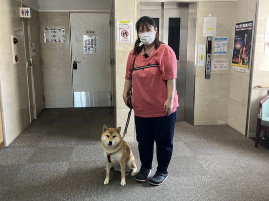 笑顔のスタッフと犬