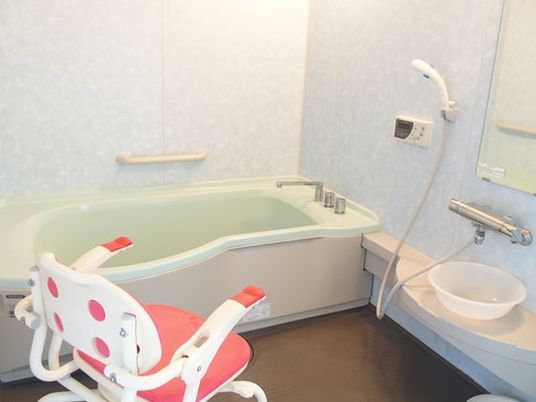 施設の写真 壁に手すりが取り付けられている高齢者用の浴室。シャワーチェアが置いてある様子