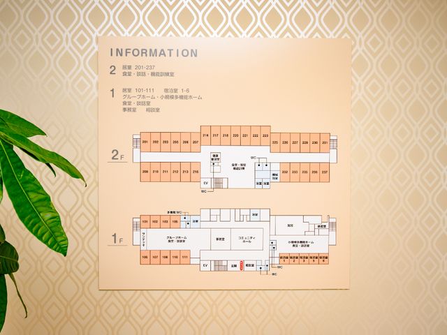 案内図と植物の一角 展示物 明瞭な案内図が設置されており、訪れる方々への配慮が感じられます。周辺に植物を配し、温かみのある歓迎の雰囲気を演出しています。