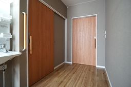 清潔な洗面台と木目調扉