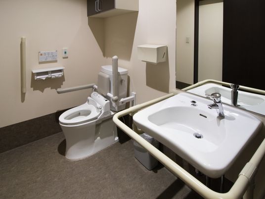 トイレはスペースが確保されており、介助者が入っても十分な広さがある。便座の隣には手洗い場があり、手すりが周りを囲っている。