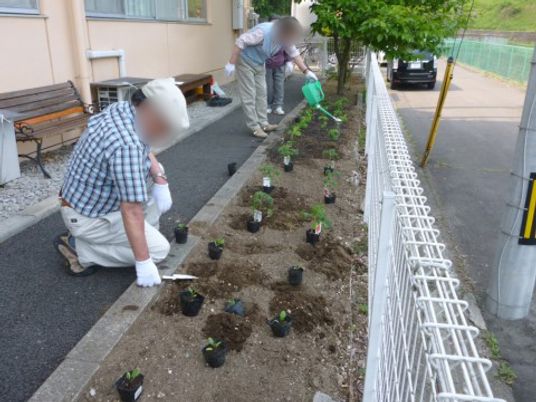 中庭での植栽活動