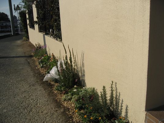 花壇のある外壁沿いの通路  