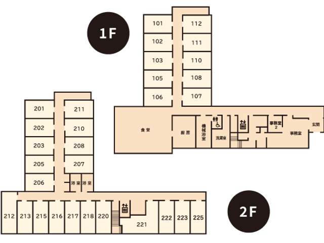 居室の配置図面 内観 各部屋の配置が一目でわかりやすく示されています。施設内の移動に便利な設計です。