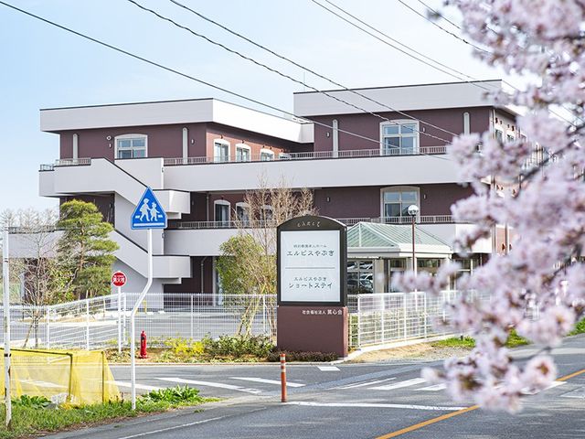 桜が咲く介護施設前の道路 外観 桜の季節に訪れると、美しい花が咲く落ち着いた環境が広がっています。