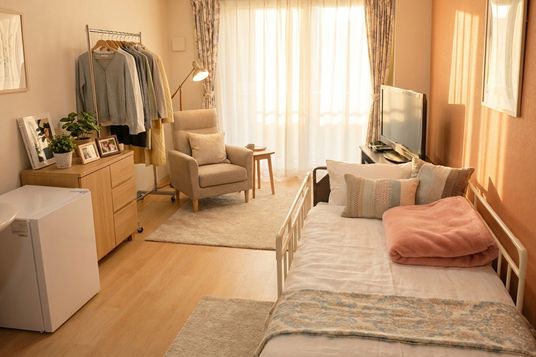 明るい居室と家具