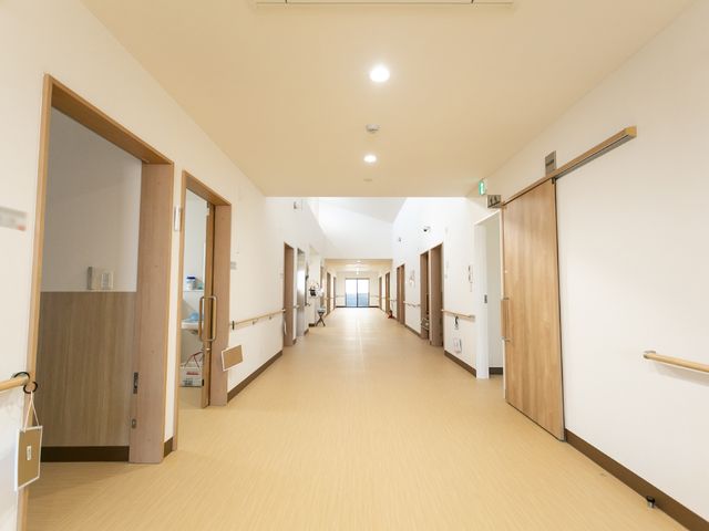 廊下の清潔な空間 廊下 明るく広々とした通路が特徴的で、作業しやすい環境が整っています。壁には手すりが設置され、安全に配慮された設計です。