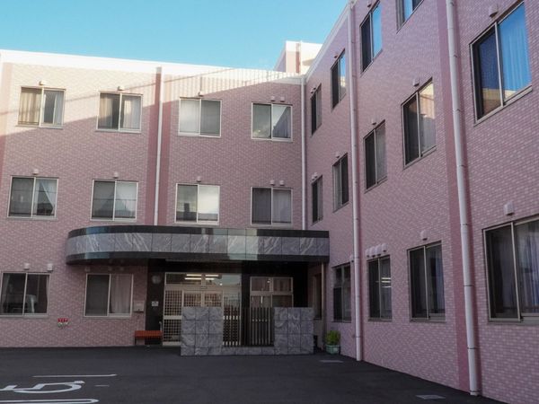 ピンクの建物のエントランス