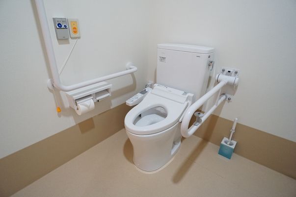 手すりが設置され、床に段差がほとんどない居室にあるトイレ