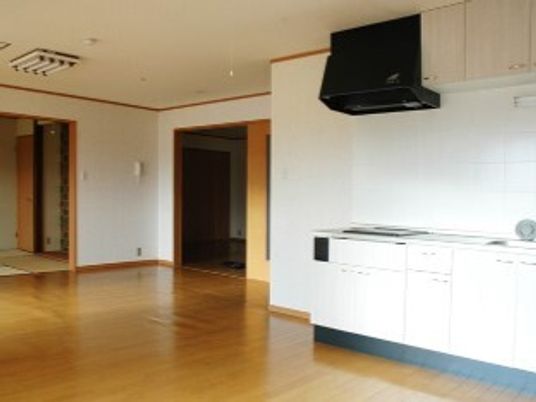 収納付きの大きなキッチンが付いたフローリングの部屋には家具や家電は置かれていない。