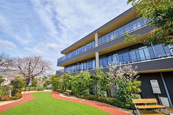 中庭の緑とベンチ